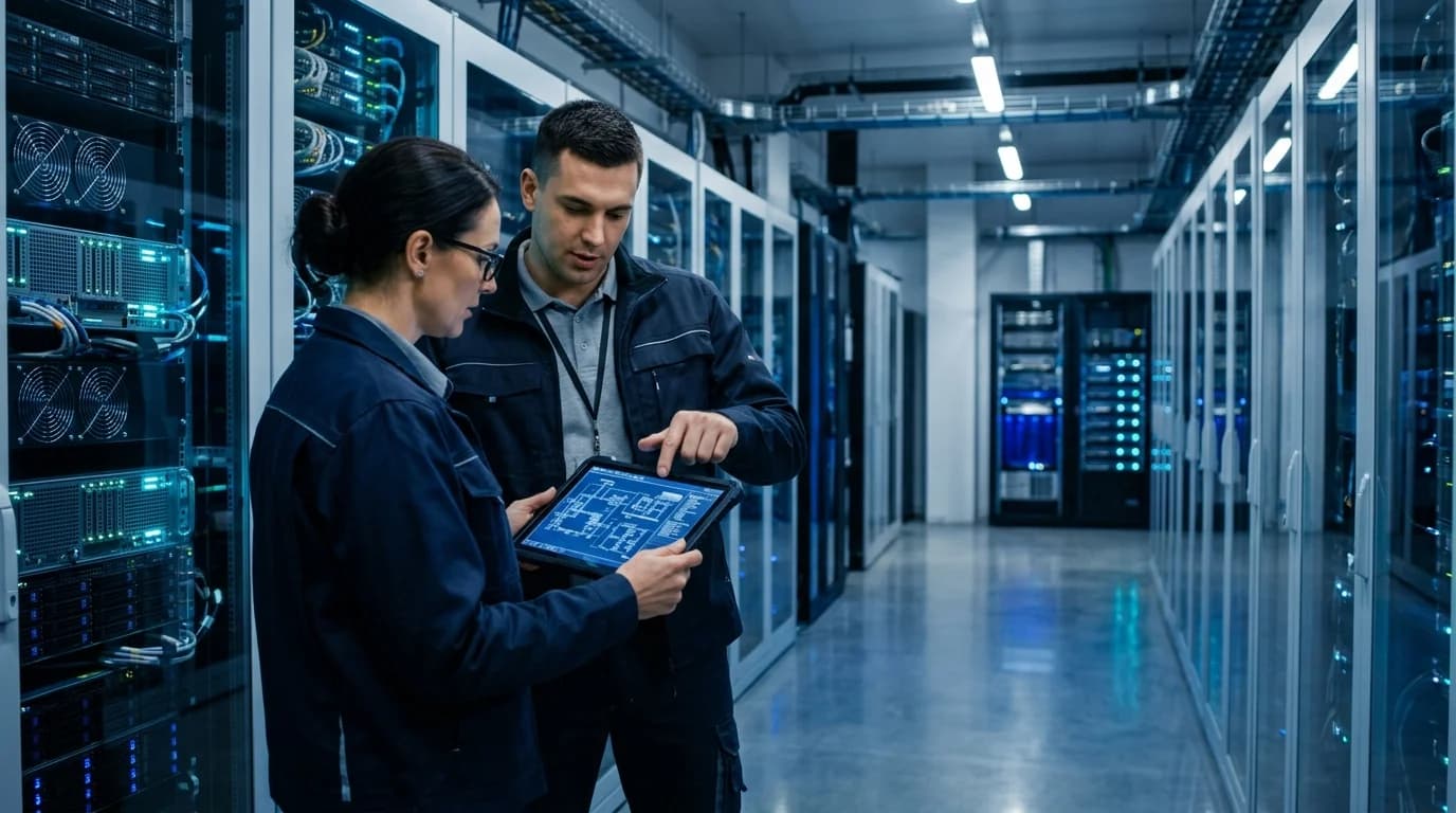Tecnicos de Brainet implementando infraestructura de red empresarial
